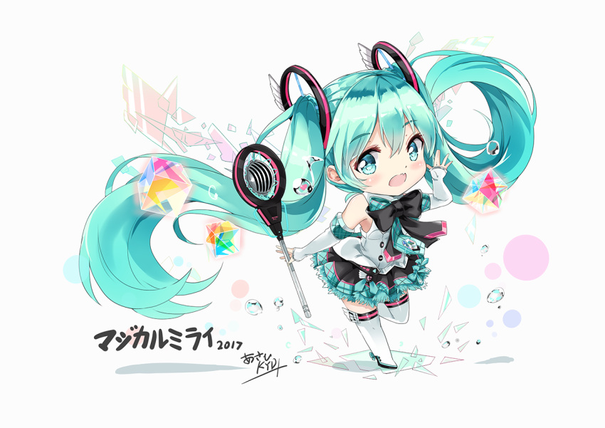 1girl aqua_eyes aqua_hair boots bow chibi dress fang gloves hatsune_miku headphones k.syo.e+ long_hair looking_at_viewer magical_mirai_(vocaloid) microphone necktie open_mouth solo thigh-highs twintails very_long_hair vocaloid white_gloves