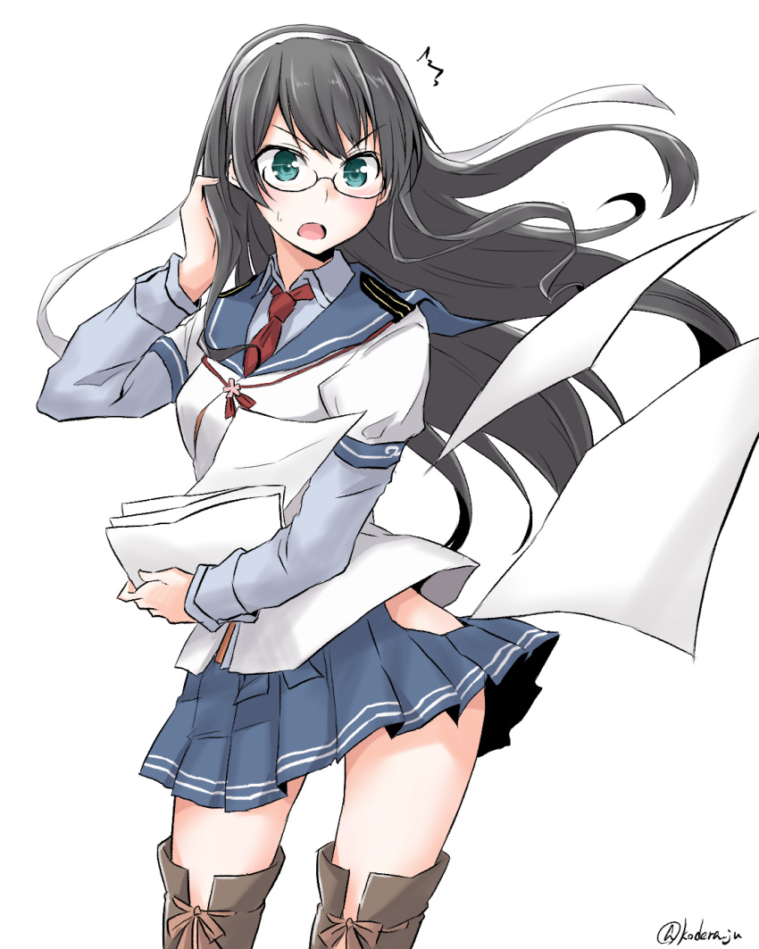 1girl aqua_eyes black_hair blue_shirt blue_skirt collared_shirt glasses hairband highres hip_vent holding holding_paper kantai_collection kodera_ju long_hair long_sleeves necktie ooyodo_(kantai_collection) open_mouth paper platform_footwear platform_heels pleated_skirt red_necktie sailor_collar school_uniform serafuku shirt simple_background skirt solo surprised sweat twitter_username white_background white_hairband