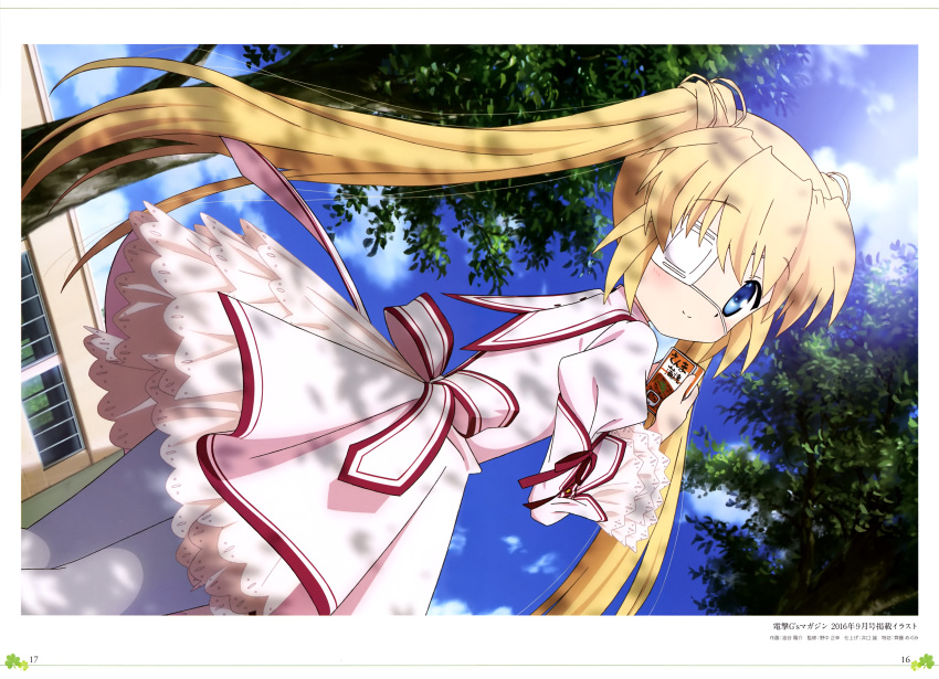 1girl absurdres blonde_hair blue_eyes clouds cloudy_sky dress dutch_angle eyepatch highres holding long_hair nakatsu_shizuru outdoors pantyhose pink_dress rewrite scan shadow short_dress sky solo tree twintails very_long_hair white_legwear yutani_yousuke