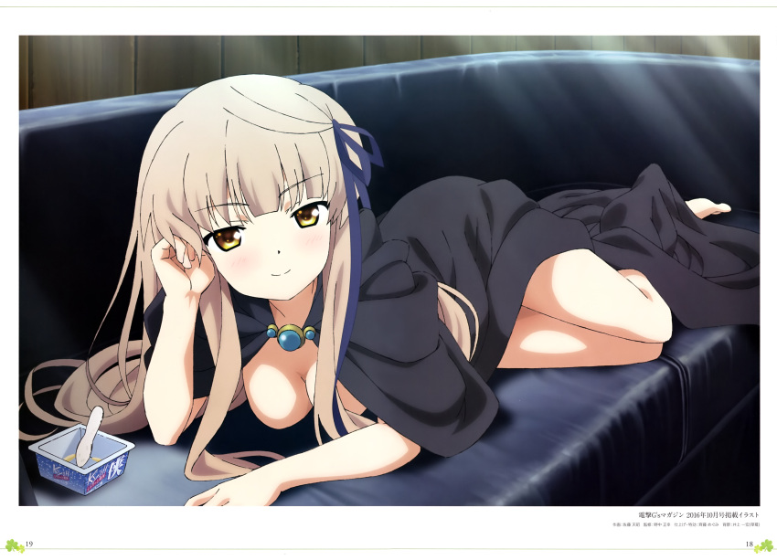 1girl absurdres barefoot black_cape black_ribbon breasts cape cleavage couch eyebrows_visible_through_hair hair_ribbon hand_in_hair highres indoors light_brown_hair long_hair looking_at_viewer lying medium_breasts naked_cape on_stomach rewrite ribbon satou_tenshou scan senri_akane smile solo yellow_eyes
