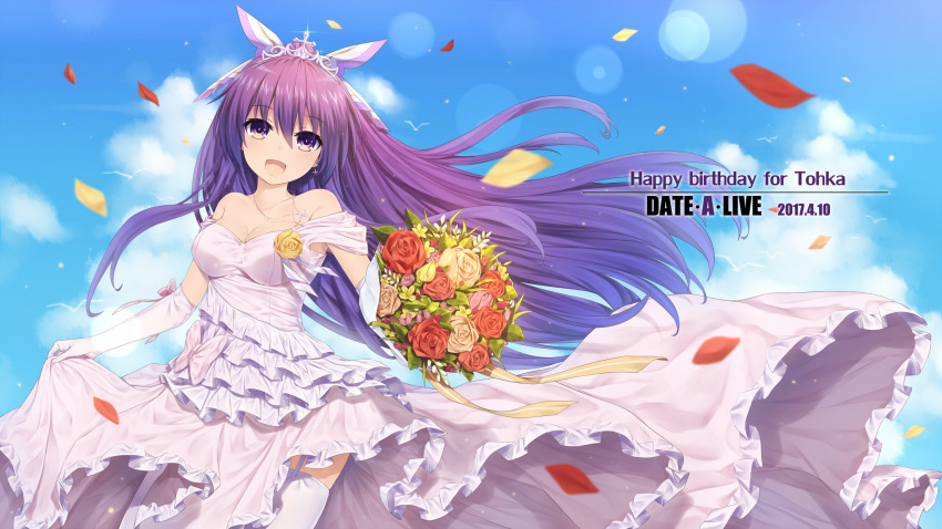 1girl :d bare_shoulders bird blue_sky bouquet bow breasts character_name cleavage clouds collarbone commentary_request copyright_name cowboy_shot date_a_live dated dress elbow_gloves flower flowing_dress frilled_dress frills garter_straps gloves hair_bow happy_birthday highres holding holding_bouquet jewelry lens_flare long_hair looking_at_viewer necklace neps-l off_shoulder open_mouth petals pink_dress ponytail purple_hair red_flower skirt_hold sky smile solo thigh-highs tiara very_long_hair violet_eyes white_gloves white_legwear wind yatogami_tooka yellow_flower