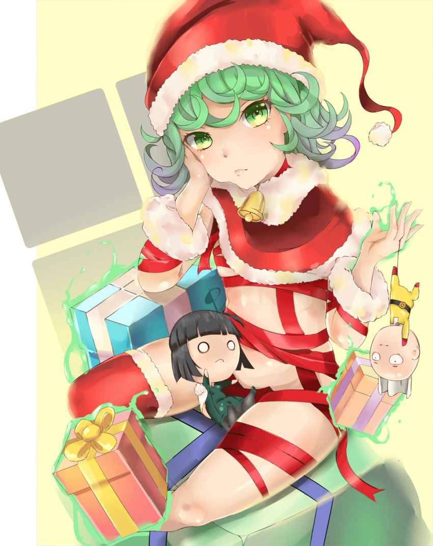 1girl bell bell_collar character_doll character_request collar curly_hair doll gift green_eyes green_hair hand_on_own_face hat highres looking_at_viewer one-punch_man pingqiong_xiansheng red_legwear red_ribbon ribbon saitama_(one-punch_man) santa_hat short_hair tatsumaki thigh-highs