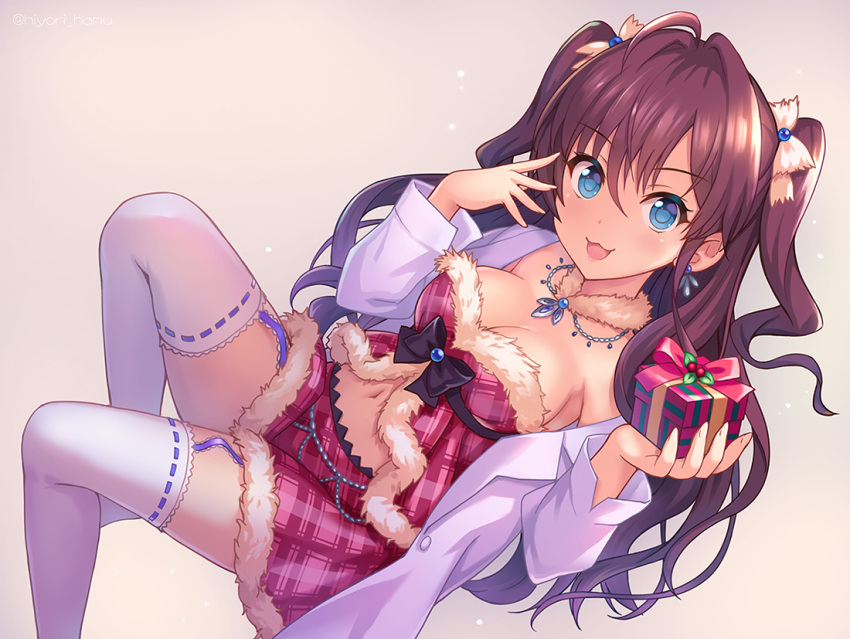 1girl :3 blue_eyes bow box breasts brown_hair cleavage commentary_request earrings fur_trim garter_straps gift gift_box hair_bow hair_ornament hiyori_hamu ichinose_shiki idolmaster idolmaster_cinderella_girls idolmaster_cinderella_girls_starlight_stage jewelry labcoat large_breasts long_hair looking_at_viewer navel necklace simple_background skirt smile solo thigh-highs two_side_up wavy_hair zettai_ryouiki