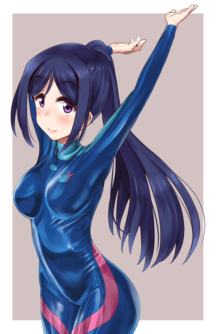 1girl arms_up blue_bodysuit blue_hair bodysuit cowboy_shot highres long_hair looking_at_viewer love_live! love_live!_school_idol_project matsuura_kanan ponytail shiny shiny_clothes solo standing takaoka_nanase violet_eyes wetsuit