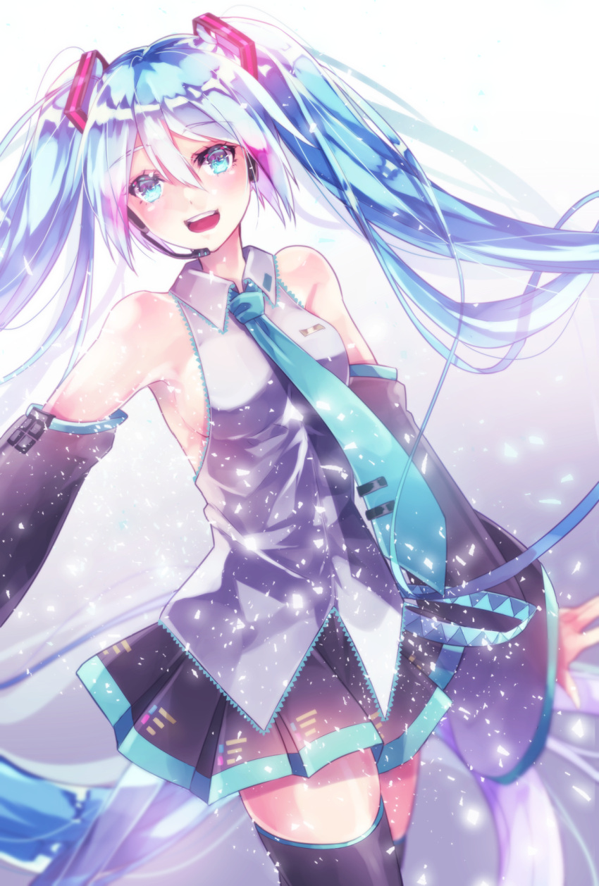 1girl armpits breasts detached_sleeves eyelashes green_eyes green_hair hair_between_eyes hair_ornament hatsune_miku headset highres light_particles long_hair necktie open_mouth pleated_skirt skirt smile solo sparkling_eyes thigh-highs twintails very_long_hair vocaloid white_background