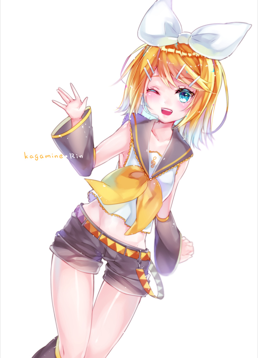 belt blonde_hair blue_eyes bow breasts character_name collarbone detached_sleeves eyelashes hair_bow hair_ornament hairclip headphones highres kagamine_rin looking_at_viewer musical_note navel one_eye_closed open_mouth sailor_collar shiny shiny_hair shiny_skin short_hair shorts smile solo sparkling_eyes text thigh_gap vocaloid waving white_background