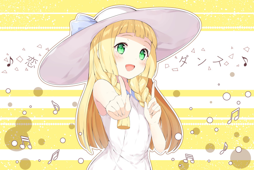 1girl :d absurdres armpit_peek arms_up bangs beamed_quavers beamed_semiquavers blonde_hair blunt_bangs blush braid check_commentary chitetan commentary commentary_request dress green_eyes happy hat highres index_finger_raised koi_dance lillie_(pokemon) long_hair looking_at_viewer music musical_note open_mouth pokemon pokemon_(game) pokemon_sm quaver simple_background sleeveless sleeveless_dress smile solo twin_braids upper_body white_hat yellow_background