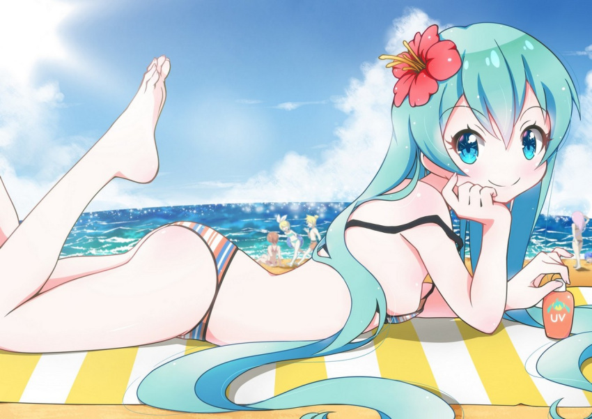 aqua_eyes aqua_hair barefoot beach bikini feet from_side fuusen_neko hatsune_miku long_hair looking_at_viewer lying on_stomach smile striped striped_bikini swimsuit toes very_long_hair vocaloid