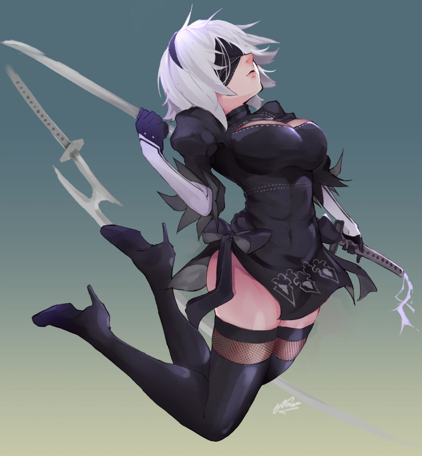 1girl artnase bent_knees black_boots black_dress black_gloves black_legwear blindfold blonde_hair boots breasts cleavage closed_mouth dress flying full_body gloves grey_hair hairband high_heel_boots high_heels highres holding holding_weapon katana mask miniskirt nier_(series) nier_automata short_hair side_slit skirt solo sword thigh-highs weapon white_hair yorha_no._2_type_b zettai_ryouiki