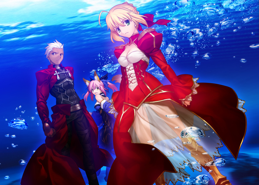 1boy 2girls absurdres ahoge animal_ears archer armor armored_boots blonde_hair blue_dress boots breasts brown_eyes bubble cleavage detached_sleeves dress dutch_angle fate/extra fate_(series) fox_ears fox_tail green_eyes hair_between_eyes hair_ribbon highres huge_filesize long_hair looking_at_viewer looking_back medium_breasts multiple_girls nero_claudius_(fate) nero_claudius_(fate)_(all) open_mouth panties pink_hair red_ribbon ribbon see-through short_hair silver_hair small_breasts spiky_hair standing tail takeuchi_takashi tamamo_(fate)_(all) tamamo_no_mae_(fate) underwater underwear white_panties yellow_eyes