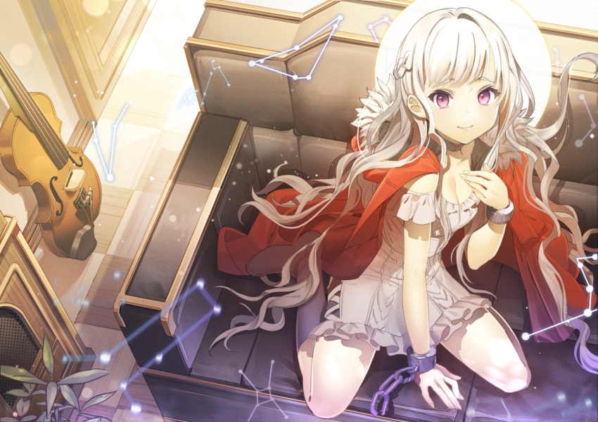 1girl bangs braid breasts cape checkered checkered_floor closed_mouth constellation couch cuffs dress eyebrows_visible_through_hair grey_dress grey_hair half_updo hand_up indoors instrument koyoi_mitsuki light_smile long_hair looking_at_viewer on_couch original shackles sitting small_breasts solo very_long_hair violet_eyes violin wariza wavy_hair white_hair