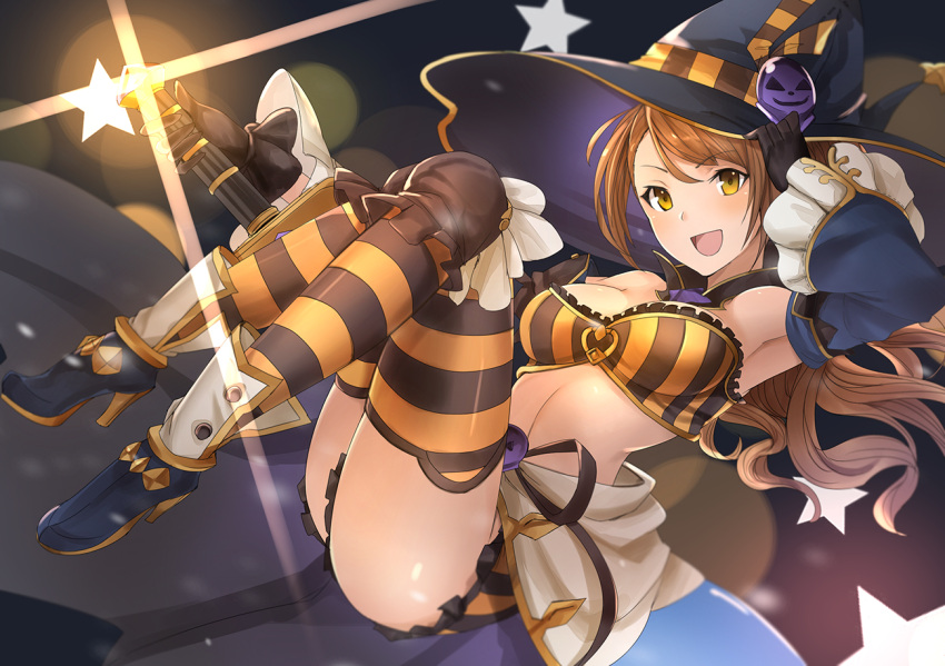 1girl bare_shoulders beatrix_(granblue_fantasy) breasts brown_eyes brown_hair bustier cape detached_collar detached_sleeves frills full_body granblue_fantasy halloween hat hat_ornament high_heels large_breasts long_hair looking_at_viewer luse_maonang open_mouth shorts smile solo star striped striped_legwear thigh-highs witch_hat