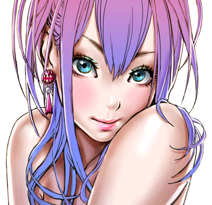1girl collarbone earrings face gradient_hair highres jewelry multicolored_hair original pink_hair pink_lips portrait purple_hair smile solo yamashita_shun'ya