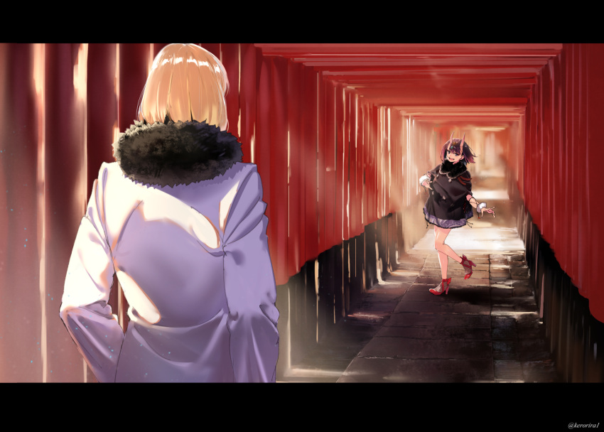 1boy 1girl alternate_costume arm_warmers bare_legs black_coat blonde_hair buttons coat fang fate/grand_order fate_(series) fur-trimmed_coat fur_trim fushimi_inari_taisha hair_ornament high_heels highres horns kerorira letterboxed long_coat looking_at_another multiple_torii oni oni_horns open_mouth outdoors purple_hair red_shoes sakata_kintoki_(fate/grand_order) shoes short_hair shuten_douji_(fate/grand_order) smile standing standing_on_one_leg sunlight twitter_username violet_eyes