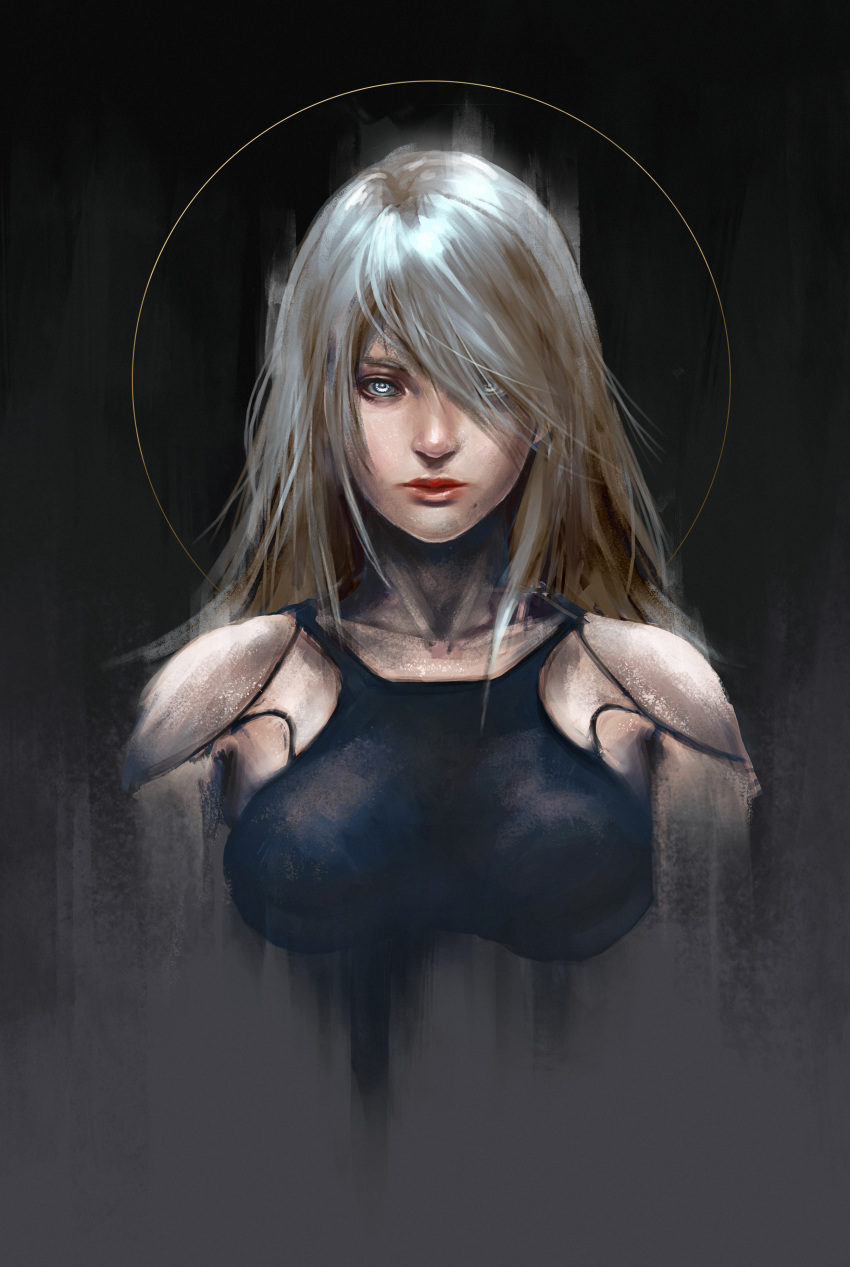 1girl absurdres android armlet bangs bare_shoulders blue_eyes breasts breasts_apart closed_mouth collarbone eyelashes eyes_visible_through_hair hair_over_one_eye highres lips long_hair looking_at_viewer medium_breasts mole mole_under_mouth nier_(series) nier_automata nose pink_lips robot_joints sam_kim silver_hair sleeveless solo tank_top upper_body yorha_type_a_no._2