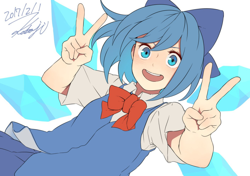 1girl 2017 :d blue_bow blue_eyes blue_hair blue_skirt blue_vest bow bowtie cirno collared_shirt dated double_v dutch_angle hair_bow ice ice_wings kobaji looking_at_viewer open_mouth red_bow red_bowtie shirt short_hair short_sleeves signature simple_background skirt skirt_set smile solo touhou upper_body v vest white_background white_shirt wings