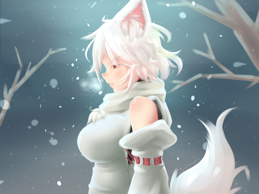 1girl animal_ears bare_shoulders blush breasts breath detached_sleeves from_side highres impossible_clothes inubashiri_momiji large_breasts long_sleeves pom_pom_(clothes) profile red_eyes shirt short_hair sleeveless sleeveless_shirt snowing solo tail tochinoko touhou upper_body white_background white_shirt wolf_ears wolf_tail