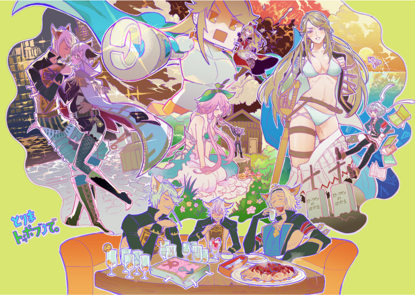 bikini catalina_(granblue_fantasy) couch elsam_(granblue_fantasy) farrah_(granblue_fantasy) food freesia_von_bismarck giantess granblue_fantasy highres imagining jun_(nad-j) lowain_(granblue_fantasy) mechanization plant_girl squid swimsuit table tears tombstone tomoi_(granblue_fantasy) vira yggdrasill_(granblue_fantasy)