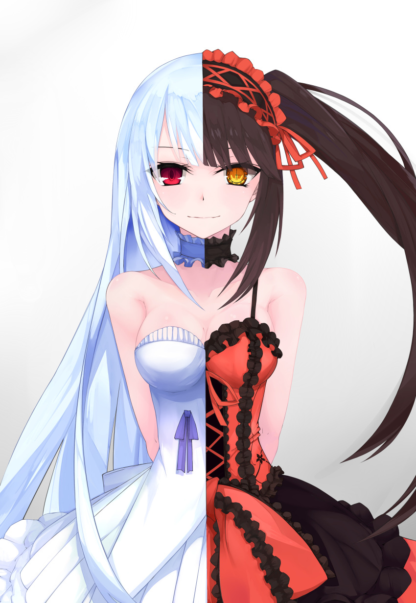 1girl absurdres amen arms_behind_back bangs bare_shoulders black_choker black_hair breasts choker cleavage clock_eyes collarbone commentary_request corset cowboy_shot date_a_live dress empty_(date_a_live) eyes_visible_through_hair frilled_dress frilled_hairband frills gradient gradient_background hairband heterochromia highres light_smile lolita_fashion lolita_hairband long_hair looking_at_viewer medium_breasts red_eyes ribbon_choker silver_hair simple_background solo spaghetti_strap split_theme straight_hair strapless strapless_dress swept_bangs symbol-shaped_pupils tokisaki_kurumi twintails very_long_hair white_choker white_dress white_hair yellow_eyes