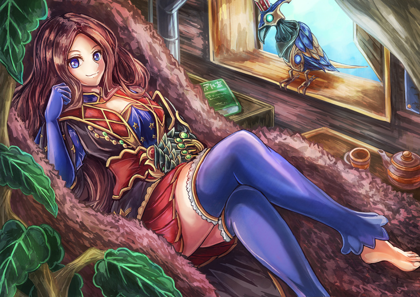 1girl blue_eyes blue_gloves blue_legwear book breasts brown_hair closed_mouth dashinoya day fate/grand_order fate_(series) frilled_legwear gloves leaf legs_crossed leonardo_da_vinci_(fate/grand_order) long_hair looking_at_viewer lying on_back red_skirt single_gauntlet skirt smile solo star thigh-highs