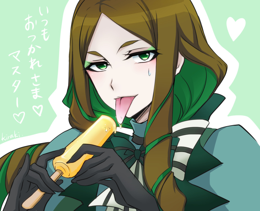 1girl artist_name black_gloves brown_hair eyeshadow food gloves green_background green_eyes green_hair heart highres kiraki long_hair looking_at_viewer makeup phara_suyuf popsicle saliva senki_zesshou_symphogear sexually_suggestive solo sweatdrop tongue tongue_out translation_request