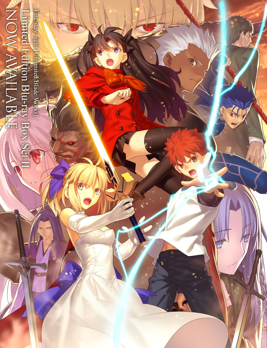 4girls 6+boys ahoge archer artist_name assassin_(fate/stay_night) berserker black_hair black_legwear black_pants black_ribbon black_skirt blonde_hair blue_eyes breasts brown_eyes caster cleavage clenched_teeth copyright_name dark_skin dress elbow_gloves emiya_shirou excalibur eyebrows_visible_through_hair fate/stay_night fate/unlimited_blade_works fate_(series) gilgamesh gloves green_eyes hair_ribbon high_ponytail highres holding holding_sword holding_weapon illyasviel_von_einzbern jacket japanese_clothes kimono lancer long_hair looking_at_viewer medium_breasts multiple_boys multiple_girls official_art open_mouth orange_hair outstretched_arm pants parted_lips pleated_skirt purple_hair purple_ribbon red_eyes red_jacket red_scarf ribbon rider saber scarf shirt sideboob silver_hair skirt sleeveless sleeveless_dress spiky_hair strapless strapless_dress sword takeuchi_takashi teeth thigh-highs tohsaka_rin two_side_up weapon wedding_dress white_dress white_gloves white_shirt zettai_ryouiki