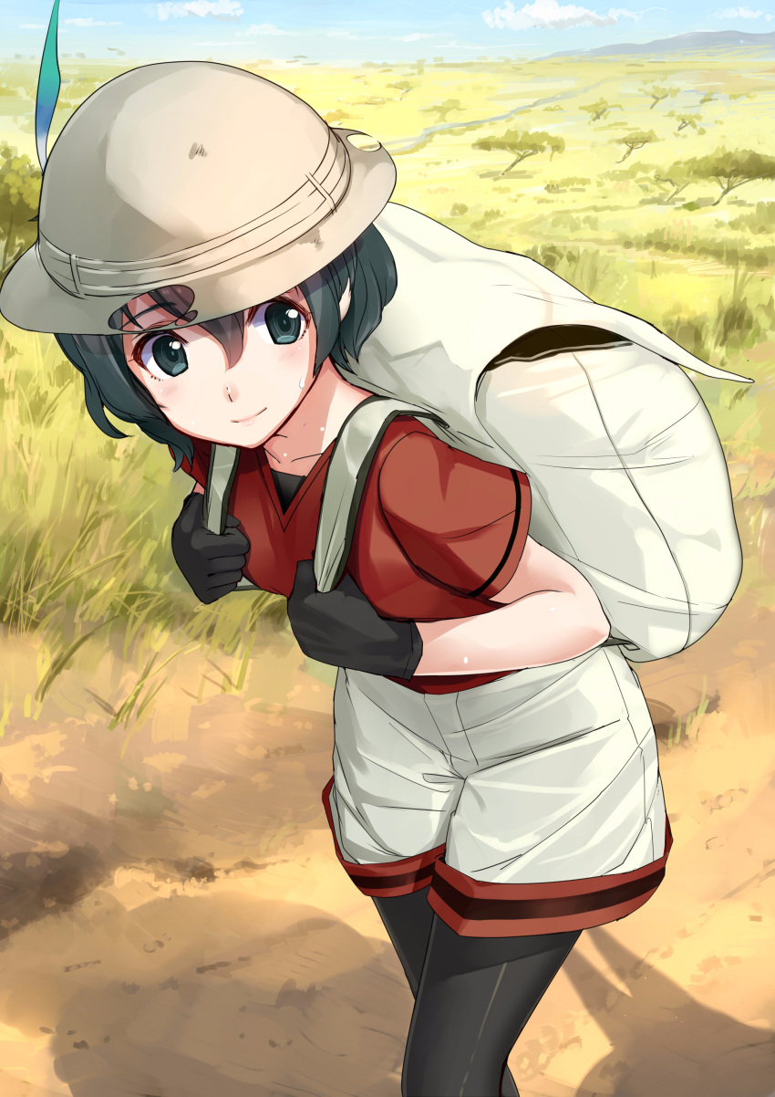 1girl absurdres akasaai backpack bag black_gloves black_hair black_legwear breasts bucket_hat cowboy_shot gloves hair_between_eyes hat hat_feather highres kaban kemono_friends leaning_forward light_smile lips looking_to_the_side outdoors pantyhose red_shirt serval_(kemono_friends) shirt short_hair shorts silhouette small_breasts wavy_hair