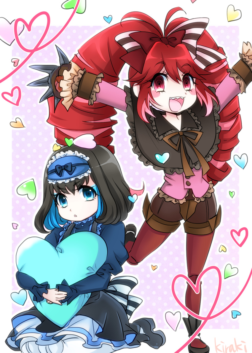 2girls :d artist_name black_hair blue_eyes blue_hair blue_pillow blush_stickers bow claws drill_hair eyeshadow garie_tuman hair_bow hairband heart heart_pillow highres kiraki looking_at_viewer makeup micha_jawkan multicolored_hair multiple_girls open_mouth pillow pink_hair redhead senki_zesshou_symphogear sharp_teeth short_hair shorts sitting smile teeth twin_drills two-tone_hair wariza younger