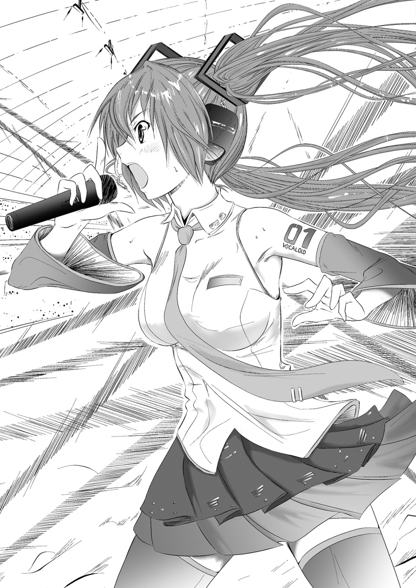 1girl arm_tattoo armpits asunogear bare_shoulders boots concert detached_sleeves floating_hair greyscale hatsune_miku headphones headset highres holding holding_microphone long_hair microphone monochrome music necktie open_mouth pleated_skirt profile shouting singing skirt solo stage_lights sweatdrop tattoo thigh-highs thigh_boots twintails very_long_hair vocaloid wind zettai_ryouiki