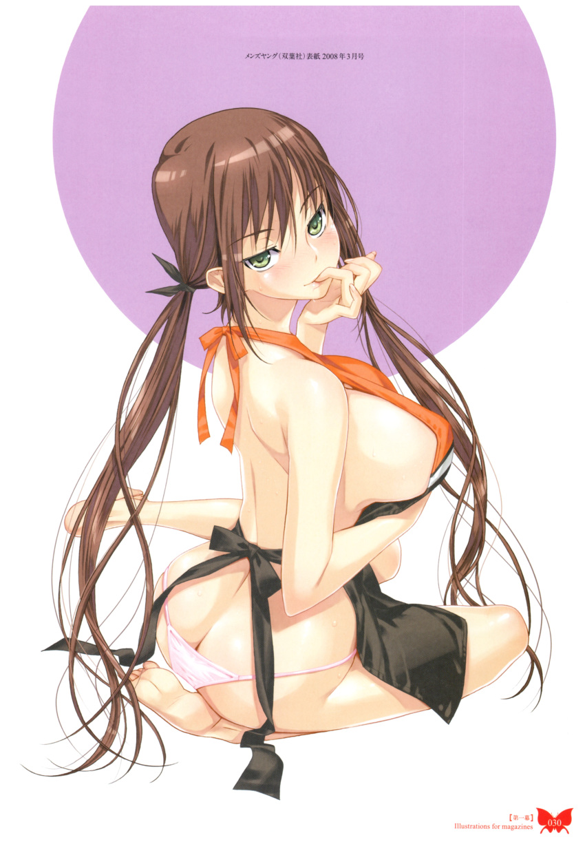 1girl absurdres apron bare_back bare_shoulders barefoot blush breasts brown_hair feet finger_in_mouth green_eyes happoubi_jin highres large_breasts looking_at_viewer naked_apron naughty_face original panties pink_panties scan sideboob sitting soles solo sweat toes twintails underwear