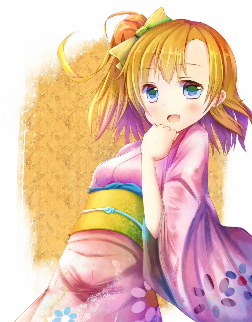 1girl blush bow hair_bow highres japanese_clothes kimono kousaka_honoka love_live! love_live!_school_idol_project medium_hair open_mouth orange_hair pink_kimono pokonyan_(kuhina0110) smile solo yellow_bow