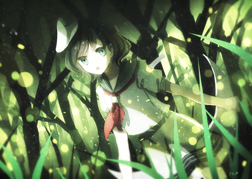 1girl anchor arms_at_sides bangs black_hair blue_eyes cowboy_shot grass hat highres looking_at_viewer murasa_minamitsu neckerchief sailor sailor_hat short_hair short_sleeves skirt skirt_set solo swept_bangs touhou tree yasato