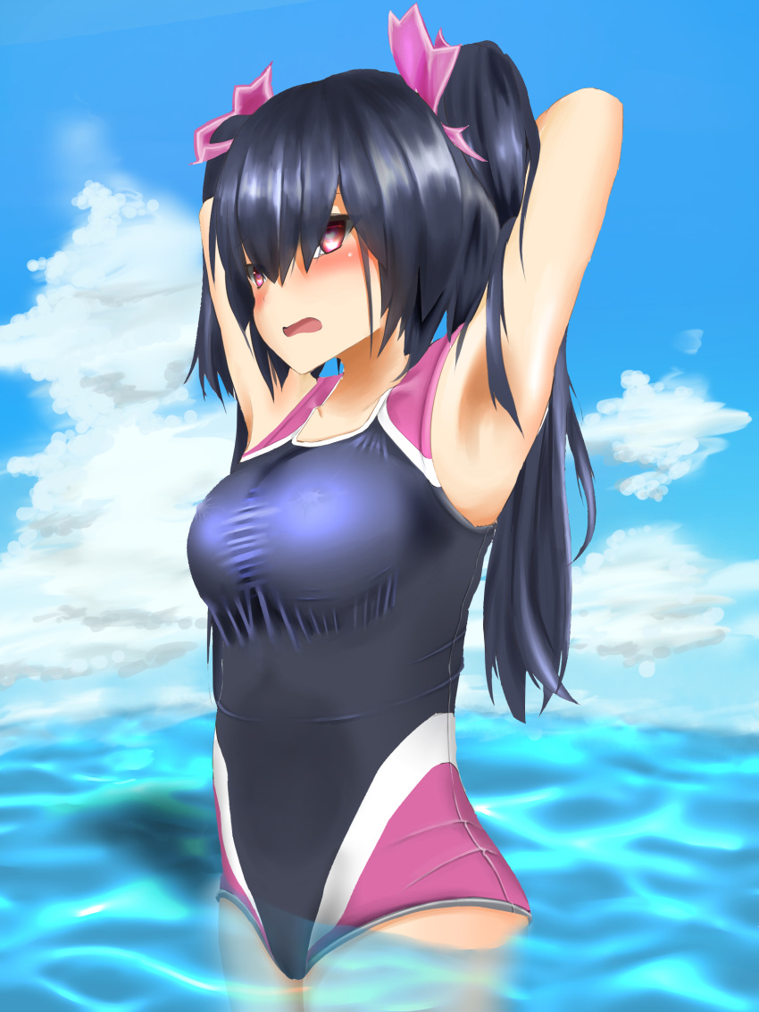 1girl armpits arms_behind_head arms_up black_hair blush breasts choujigen_game_neptune cleavage hair_ornament highres long_hair looking_at_viewer neptune_(series) noire ocean one-piece_swimsuit open_mouth red_eyes ribbon solo swimsuit twintails