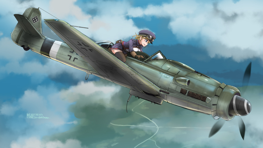 1girl aircraft airplane blonde_hair blue_eyes clouds dated flying fw_190 goggles goggles_on_head goggles_on_headwear hat highres leaning_forward military military_uniform original peaked_cap short_hair signature sky solo thigh-highs tokihama_jirou uniform world_war_ii zettai_ryouiki