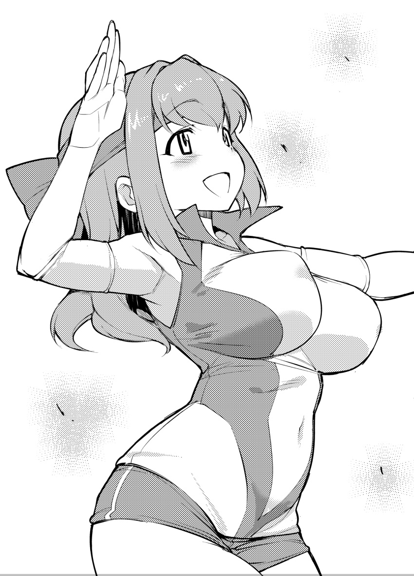 1girl :d blush breasts covered_navel elbow_pads girls_und_panzer headband highres kondou_taeko large_breasts long_hair monochrome open_mouth shiny shiny_hair shorts sidelocks smile solo sportswear try volleyball_uniform