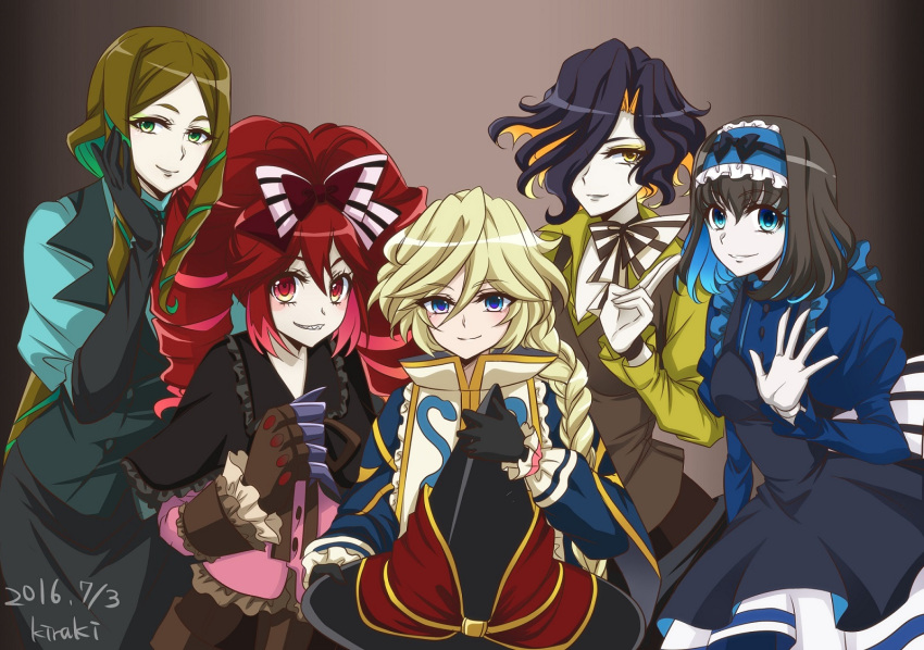 antenna_hair artist_name black_gloves black_lipstick blonde_hair blue_eyes blue_hair bow braid brown_hair carol_malus_dienheim claws dated drill_hair eyeshadow garie_tuman gloves green_eyes green_hair hair_bow highres kiraki leiur_darahim lipstick long_hair makeup micha_jawkan multicolored_hair orange_hair phara_suyuf pink_hair red_eyes salute senki_zesshou_symphogear short_hair smile twin_drills two-finger_salute two-tone_hair waving yellow_eyes