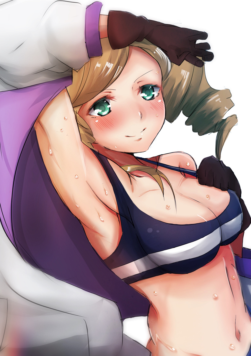 1girl absurdres armpits blush breasts brown_hair character_request cleavage copyright_request drill_hair gloves green_eyes highres long_hair looking_at_viewer midriff navel okato solo sports_bra sweat toned undressing upper_body wiping_sweat