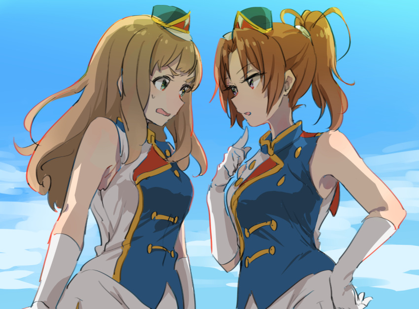 2girls aqua_eyes arms_at_sides band_uniform bangs breasts brown_hair day forehead gloves hair_over_shoulder hair_tie hand_on_own_hip hand_up hat hibike!_euphonium index_finger_raised light_brown_hair long_hair medium_breasts mini_hat miniskirt monsieur multiple_girls nakagawa_natsuki open_mouth outdoors parted_bangs ponytail shirt skirt sky sleeveless sleeveless_shirt staring sweat tied_hair upper_body violet_eyes wavy_mouth white_gloves white_skirt yoshikawa_yuuko