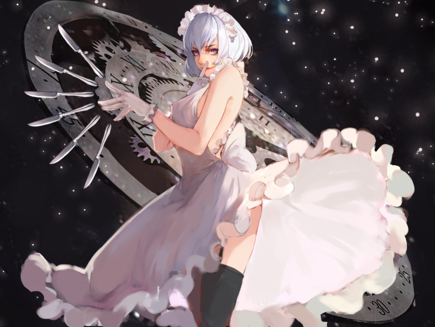 1girl alternate_costume bare_arms bare_shoulders black_background black_legwear clock dress finger_to_mouth frilled_skirt frills garter_straps gears gloves highres izayoi_sakuya knife light_particles lipstick maid_headdress makeup open-back_dress red_lipstick roman_numerals sayer-s short_hair silver_hair skirt smile solo thigh-highs touhou violet_eyes white_dress white_gloves