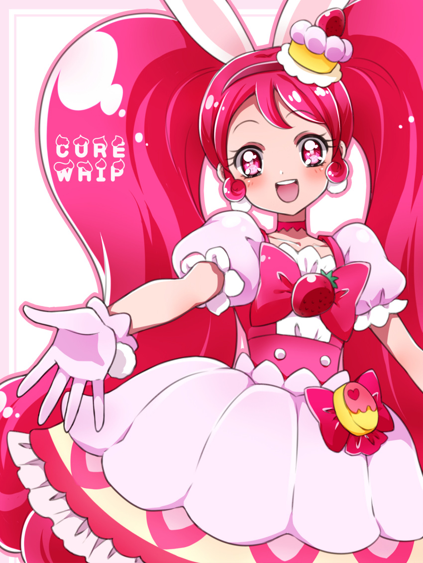 1girl :d animal_ears bow cake_hair_ornament character_name cowboy_shot cure_whip dress earrings extra_ears food food_themed_hair_ornament food_themed_ornament frills fruit gloves hair_ornament hairband highres jewelry kagami_chihiro kirakira_precure_a_la_mode long_hair looking_at_viewer magical_girl open_mouth outside_border outstretched_hand pink_border pink_bow pink_choker pink_eyes pink_hair pink_hairband precure rabbit_ears smile solo strawberry twintails usami_ichika white_dress white_gloves