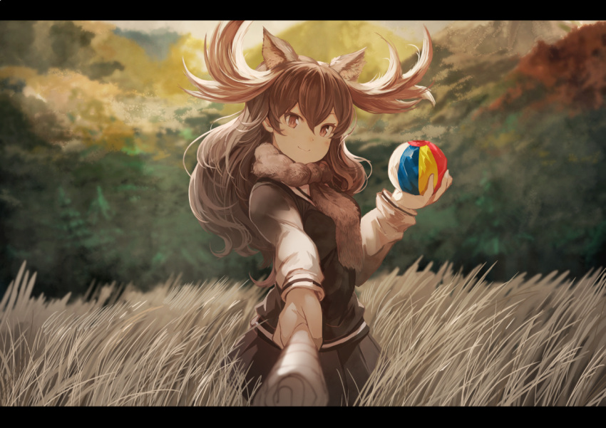 1girl animal_ears antlers ball baton blush brown_eyes brown_hair brown_scarf brown_skirt brown_vest commentary cowboy_shot eyebrows_visible_through_hair eyelashes hair_between_eyes holding holding_ball kemono_friends koruse letterboxed long_hair long_sleeves looking_at_viewer moose_(kemono_friends) moose_ears mountain multicolored_shirt outdoors pleated_skirt pov scarf scenery shirt skirt smile solo tree tsurime vest wavy_hair wind