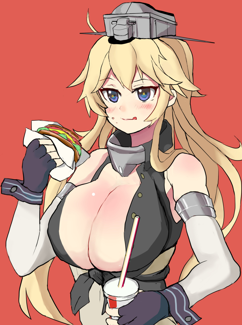 1girl absurdres artist_request bare_shoulders blonde_hair blue_eyes blush breasts cleavage highres iowa_(kantai_collection) kantai_collection large_breasts long_hair solo star-shaped_pupils symbol-shaped_pupils tongue tongue_out upper_body