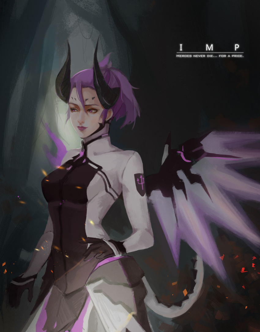 1girl absurdres alternate_costume bodysuit breasts cowboy_shot dark_persona demon_horns eig embers emblem english facial_mark faulds forehead_mark grey_background hair_between_eyes highres horns imp_mercy light_smile lips lipstick looking_away makeup mechanical_wings mercy_(overwatch) nose overwatch patch ponytail purple_hair purple_wings small_breasts solo violet_eyes wings