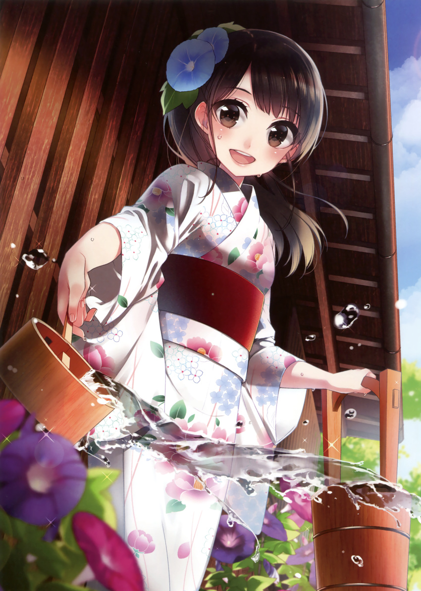 1girl :d absurdres bangs blunt_bangs blurry brown_eyes brown_hair bucket building cowboy_shot day depth_of_field floral_print flower hair_flower hair_ornament highres holding japanese_clothes kimono koruri long_hair long_sleeves looking_at_viewer open_mouth original outdoors round_teeth sash scan smile solo standing sunlight tareme teeth water water_drop watering wide_sleeves wooden_bucket