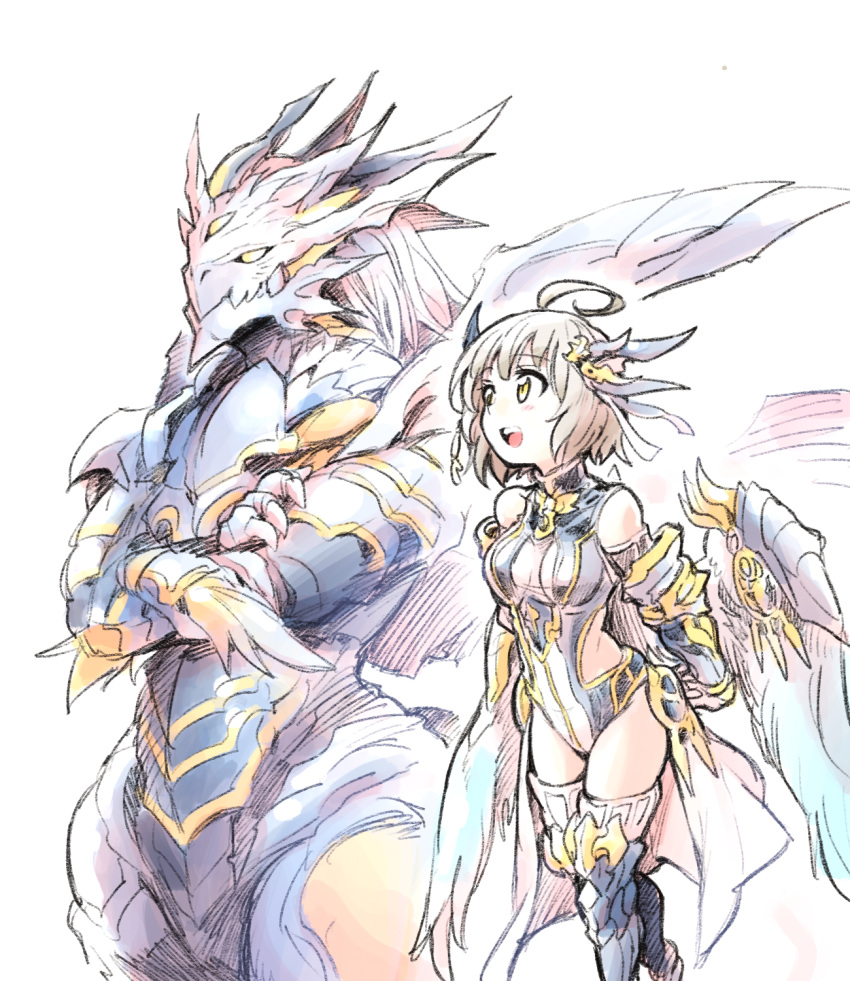 1girl ahoge armor blush brown_hair claws crossed_arms dragon dragon_girl dragon_horns feathered_wings gauntlets hair_ornament highres horns ishiyumi leotard long_hair navi_(p&amp;d) open_mouth puzzle_&amp;_dragons sherias_(p&amp;d) sketch thigh-highs third_eye turtleneck wings yellow_eyes