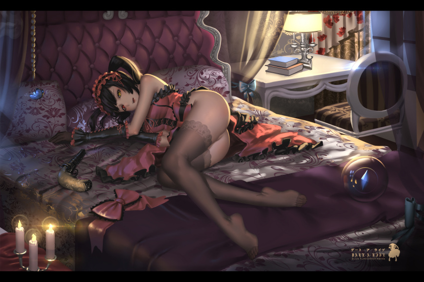 1girl ass bangs bare_shoulders black_gloves black_hair black_legwear book_stack bow breasts candle candlelight candlestand chair commentary_request date_a_live dress feet gloves gothic_lolita gun hairband handgun heterochromia highres hk_(hk) lace lace-trimmed_thighhighs lamp letterboxed lolita_fashion lolita_hairband long_hair looking_at_viewer lying medium_breasts no_panties no_shoes on_bed on_side parted_lips pistol red_bow red_dress red_eyes solo table thigh-highs toes tokisaki_kurumi twintails weapon yellow_eyes