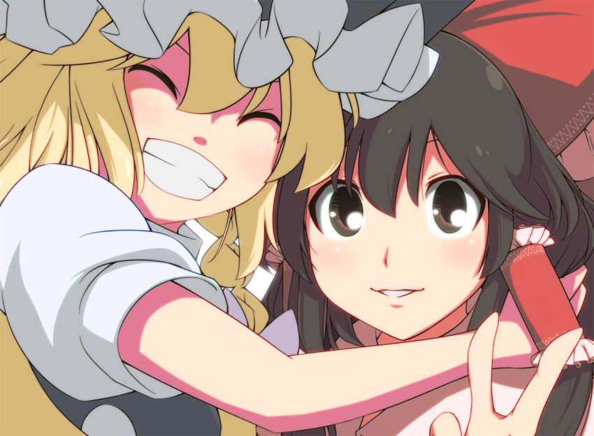 2girls arm_around_neck blonde_hair bow brown_eyes brown_hair closed_eyes grin hair_bow hair_tubes hakurei_reimu happy hat hug kirisame_marisa kugi_(kugi-xiv) looking_at_viewer multiple_girls portrait sidelocks smile touhou v