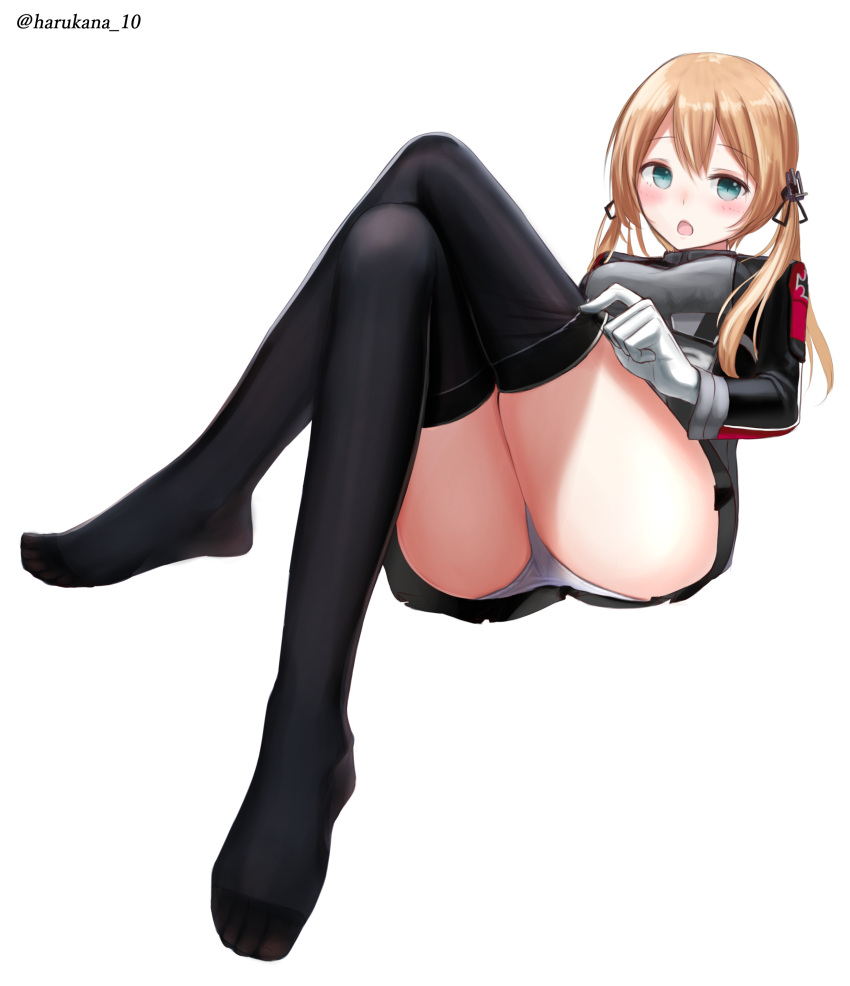1girl absurdres anchor_hair_ornament aqua_eyes ass black_legwear blonde_hair gloves hair_ornament harukana_(harukana_10) highres iron_cross kantai_collection legs_crossed long_hair long_sleeves military military_uniform no_hat no_headwear open_mouth panties pantyshot prinz_eugen_(kantai_collection) revision simple_background solo thigh-highs twintails underwear uniform white_background white_gloves