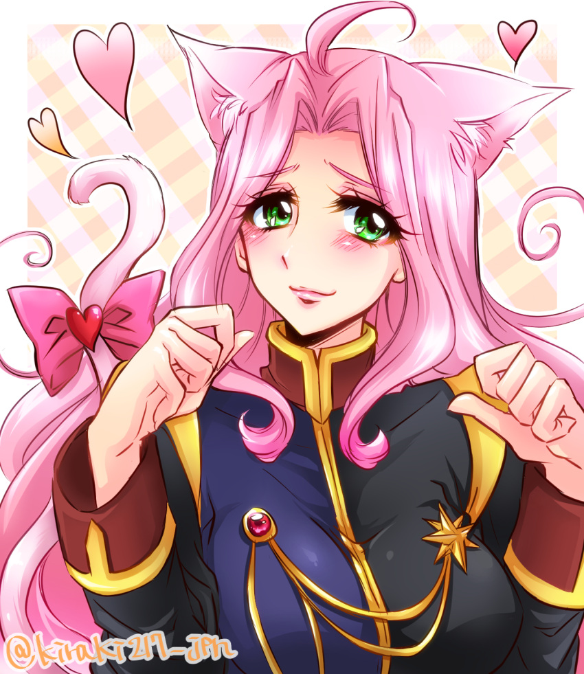 1girl animal_ears blush bow cat_ears cat_tail cross_ange ersha_(cross_ange) green_eyes heart highres kiraki lips long_hair paw_pose pink_hair solo tail tail_bow twitter_username uniform