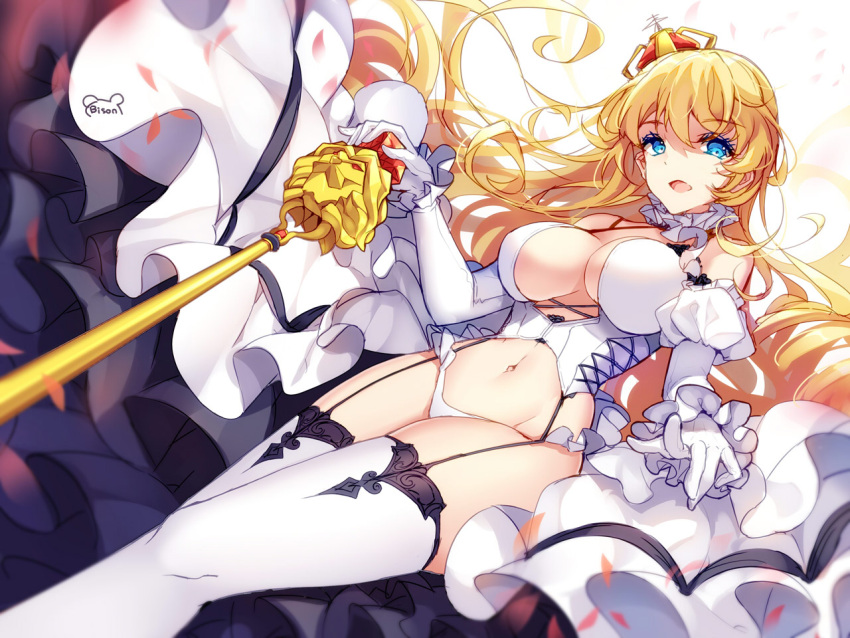 1girl bare_shoulders bison_cangshu blonde_hair blue_eyes breasts cane crown elbow_gloves garter_straps gloves large_breasts lion lion_(zhan_jian_shao_nyu) long_hair looking_at_viewer midriff mini_crown navel revision smile solo stomach thigh-highs thighs white_gloves white_legwear zhan_jian_shao_nyu